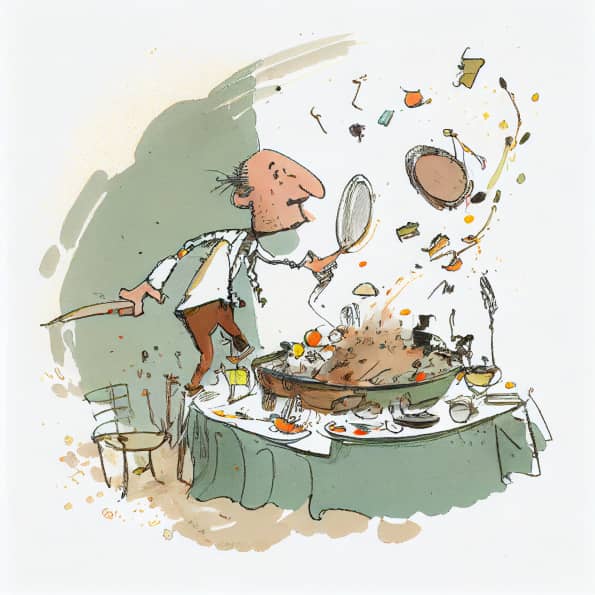 Whimsical illustration of a chef in mid-cook, pots and ingredients flying