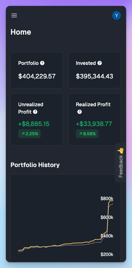 Fund Purifier home screen in dark mode on mobile