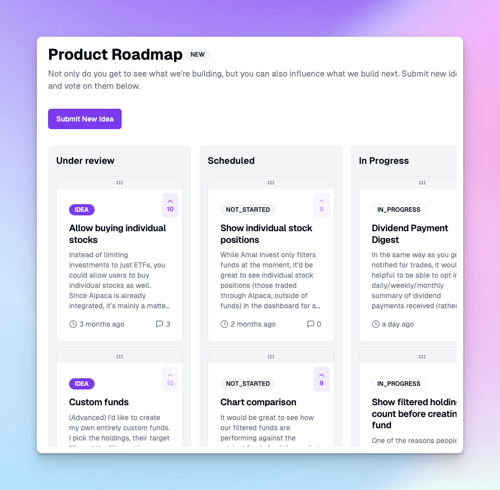 Product roadmap board with under review, scheduled, and in progress columns